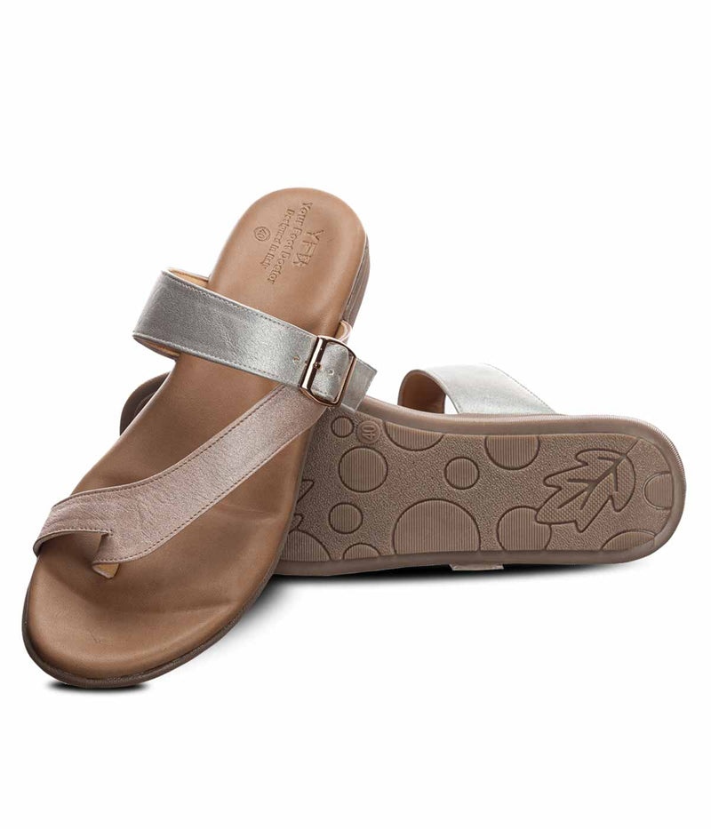 A comfortable and supportive sandal with a cushioned footbed and adjustable pink strap for a secure fit. Designed for individuals with flat feet, the sandal features built-in arch support to help alleviate pain and discomfort. Perfect for all-day wear, these sandals provide a stylish and practical solution for individuals seeking relief from flat foot-related issues."