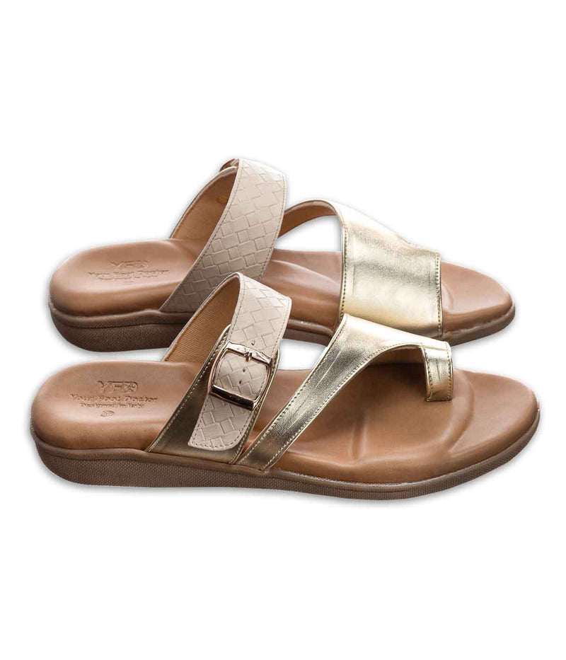 Ortho flat feet sandals with arch support in gold color, featuring a comfortable toe-separator design. Ideal for people with flat feet, plantar fasciitis, or other foot conditions. These sandals provide excellent arch support and cushioning, with a durable and slip-resistant sole. Perfect for everyday wear or summer activities.